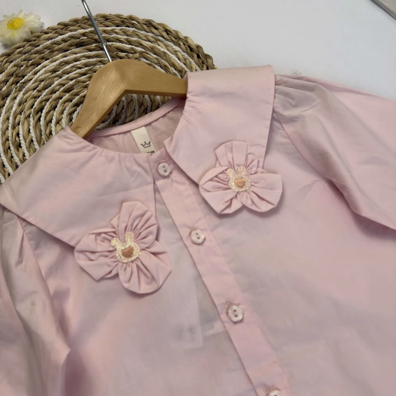 شومیز دخترانه صورتی یقه ب‌ب با طرح گل و خرگوش