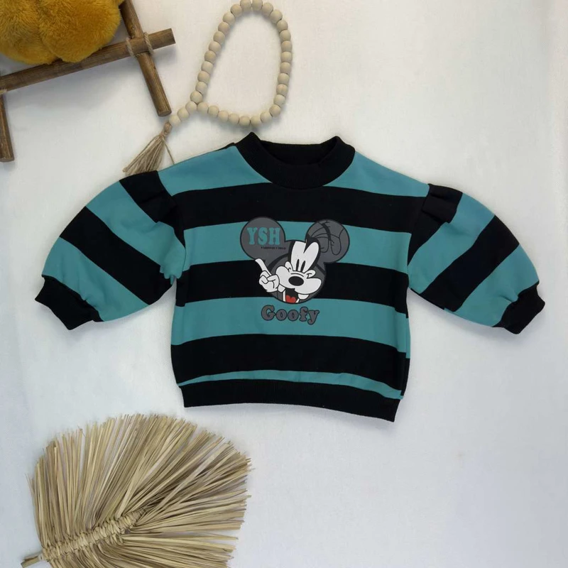 بلوز دورس بچگانه راه راه طرح گوفی (Goofy) – رنگ سبز کله‌غازی و مشکی