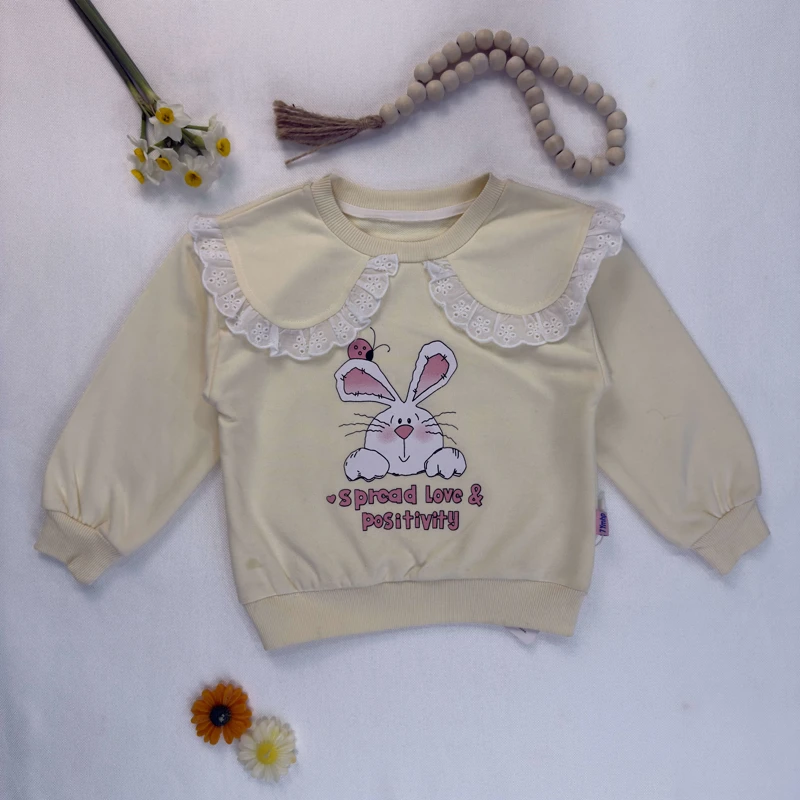 بلوز دورس دخترانه کرم طرح خرگوش با یقه ببی توری