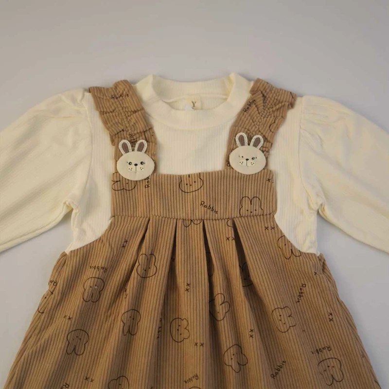 ست سارافون دخترانه طرح خرگوشی و بلوز آستین پفی (جنس مخمل کبریتی)