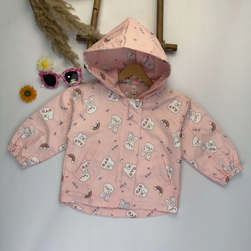 کاپشن سبک دخترانه صورتی طرح خرگوش با کلاه