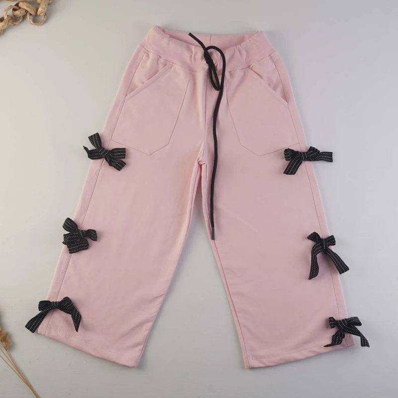 شلوار بگ دخترانه صورتی جیب‌دار با طرح پاپیون توری