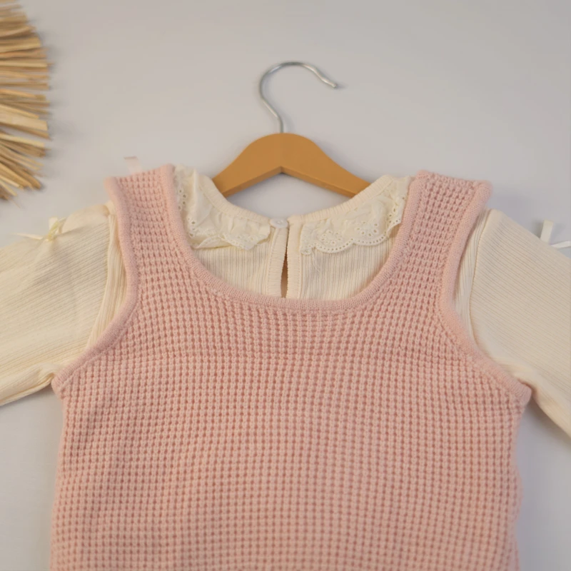 ست دخترانه کرم و صورتی با طراحی پاپیونی