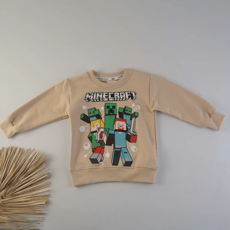 ست کامل بلوز و شلوار پسرانه طرح ماینکرفت رنگ نسکافه‌ای و خردلی