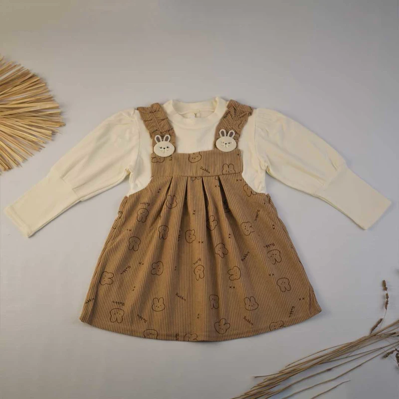 ست سارافون دخترانه مخمل کبریتی با طرح خرگوش